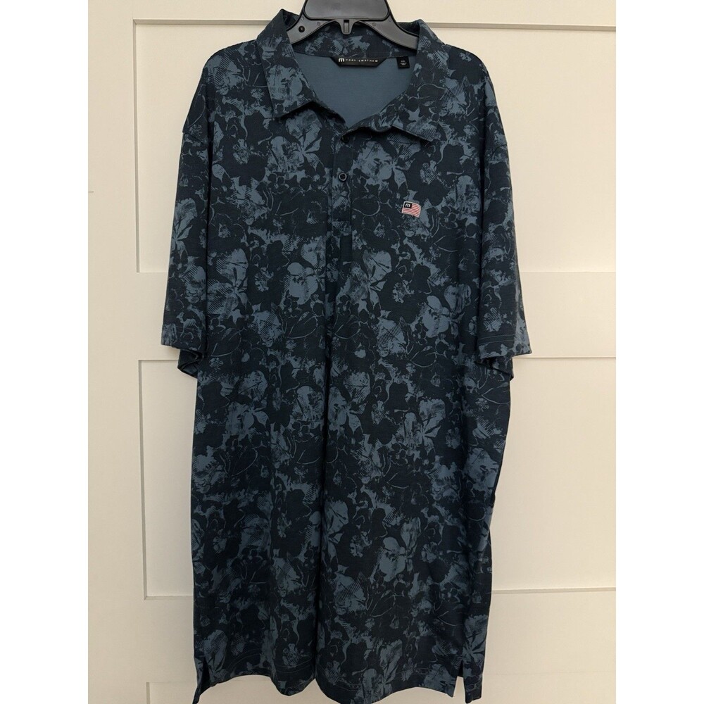 TravisMathew Polo Shirt Mens XXL Blue Floral Golf Stretch Performance USA Flag